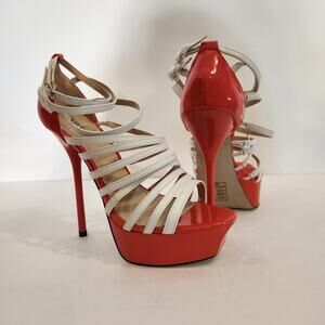 SHOE DAZZLE Kaskade Orange White Patent Leather Platform Stiletto Women 9.5 NIB
